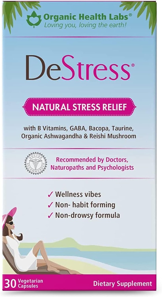 DeStress All-Natural: Veggie Capsules, with B Vitamins, Magnesium, Ashwagandha and L-Theanine Supplement, Anxiety Relief, 30 Veggie Capsules, Stress Relief Supplement Organic Health Labs 2