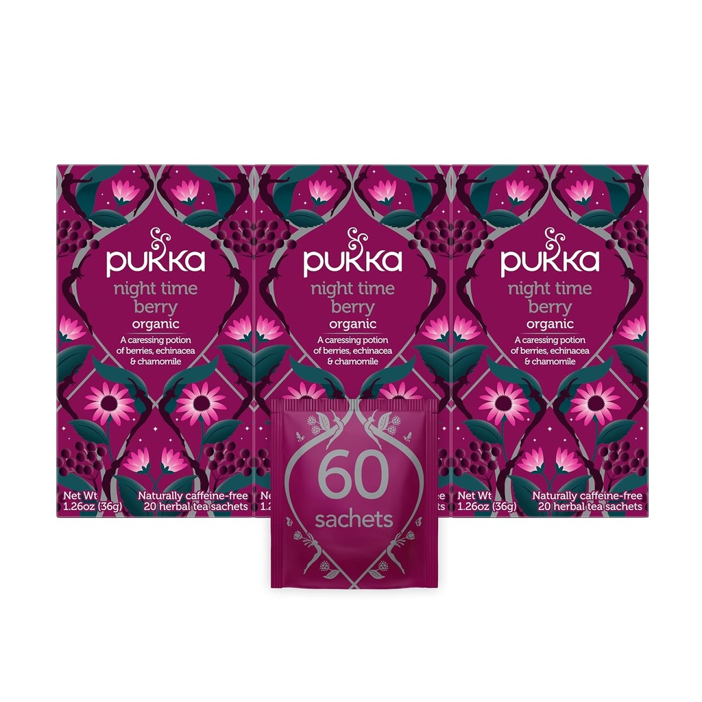 Pukka Organic Tea Bags, Night Time Berry Herbal Tea with Chamomile, Echinacea, and Elderberry, Perfect for Overnight Wellness, 20 Count (Pack of 3), 60 Tea Bags 2