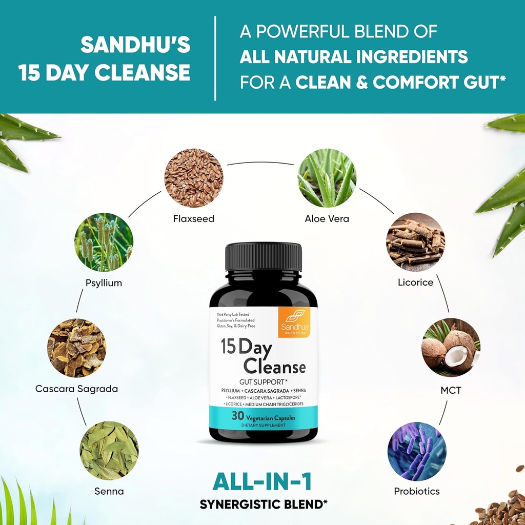 Sandhu's 15 Day Gut Cleanse Colon Detox for Women & Men| Supports Colon Cleansing & Digestive Health| Senna, Cascara Sagrada, Psyllium Husk & Probiotics| 30 Capsules Dietary Supplement,15 Days Supply 6