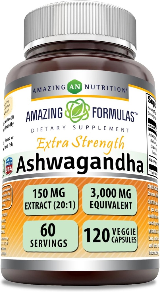 Amazing Formulas Ashwagandha Extract Supplement | 150 Mg Extract (20:1) | Equivalent to 3,000 Mg | Veggie Capsules | Non-GMO | Gluten-Free | Made in USA (1 Pack | 120 Count) 2