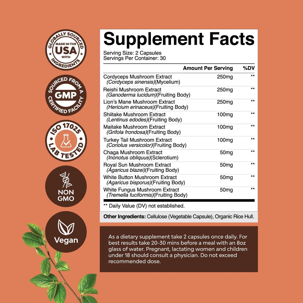 Advanced Mushroom Complex Capsules - 10X Lions Mane Supplement Capsules with Reishi, Chaga, Maitake & Shiitake for Brain Health Memory Support & Focus - Nootropic for Mental Clarity - 60 Caps 4