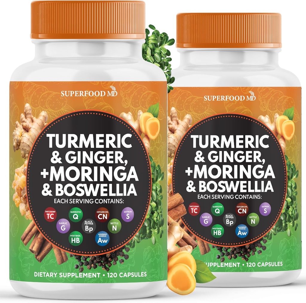 Turmeric Moringa Supplement | Ginger, Boswellia, Saffron, Holy Basil- Joint Support Supplement for Women and Men with Ceylon Cinnamon, Quercetin, Tart Cherry- 240 Count 2
