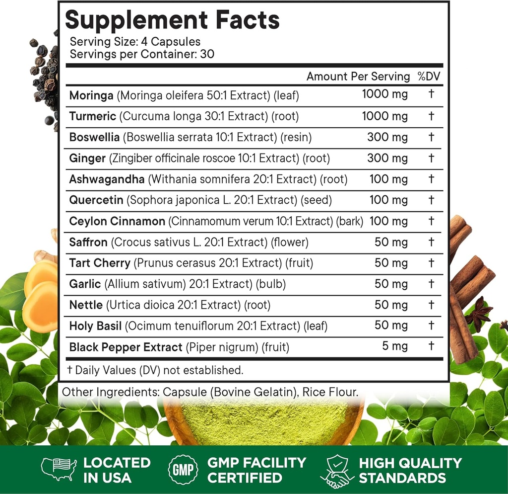 Turmeric Moringa Supplement | Ginger, Boswellia, Saffron, Holy Basil- Joint Support Supplement for Women and Men with Ceylon Cinnamon, Quercetin, Tart Cherry- 240 Count 3