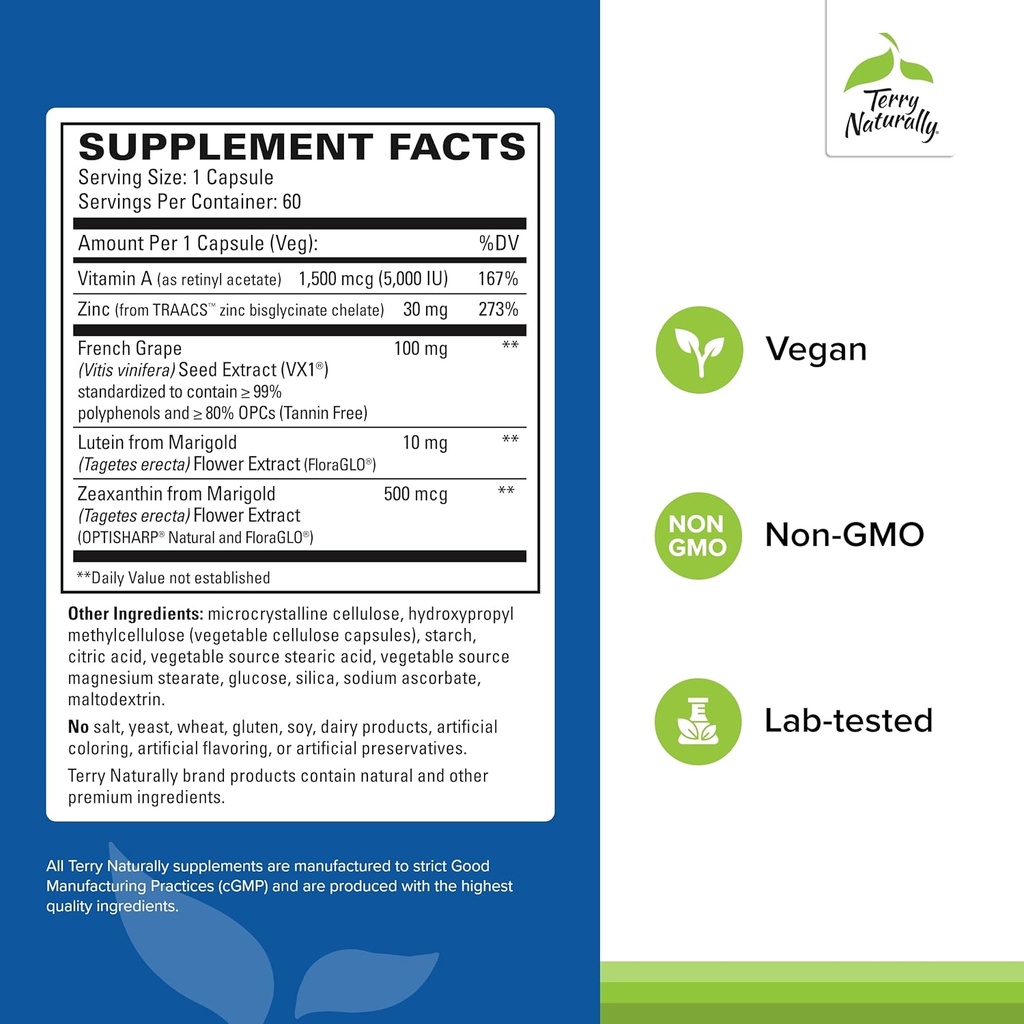 Terry Naturally Healthy Night Vision - Antioxidant Supplement to Support Eye Health & Aids Against Eye Fatigue - Vision Health Supplement to Support Healthy Macula with Zinc & Vitamin A - 60 Capsules 3