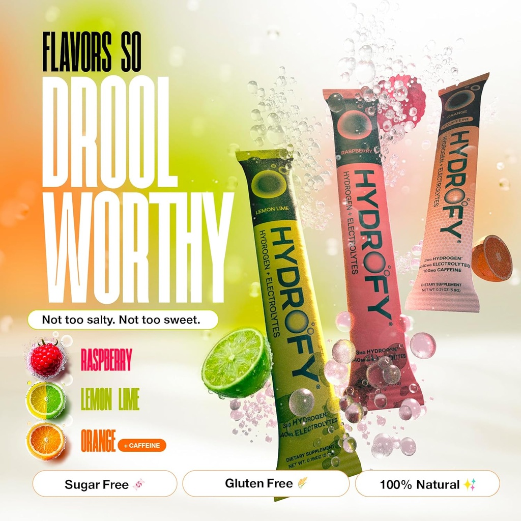 Hydrofy Hydrogen Water + Electrolytes Drink Mix | H2 Hydration Packets with Molecular Hydrogen, Sodium, Potassium, Magnesium, Calcium, and Minerals | No Sugar | Lemon Lime | 25 ct 5