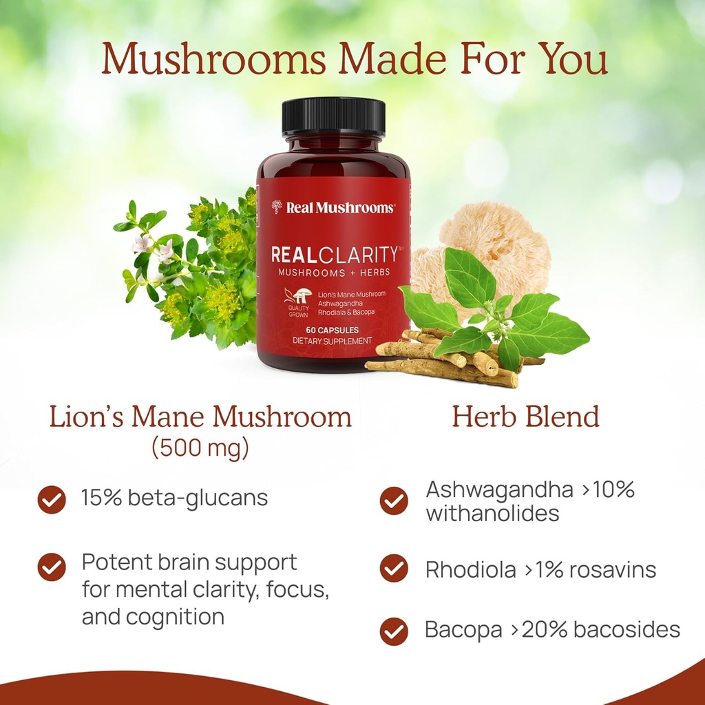 Real Mushrooms RealClarity (60ct) and Lions Mane (120ct) Capsules Bundle - Mushroom Supplement for Brain Health, Mental Clarity, Focus, Cognition & Immune Support - Brain Vitamins w/Ashwagandha 6