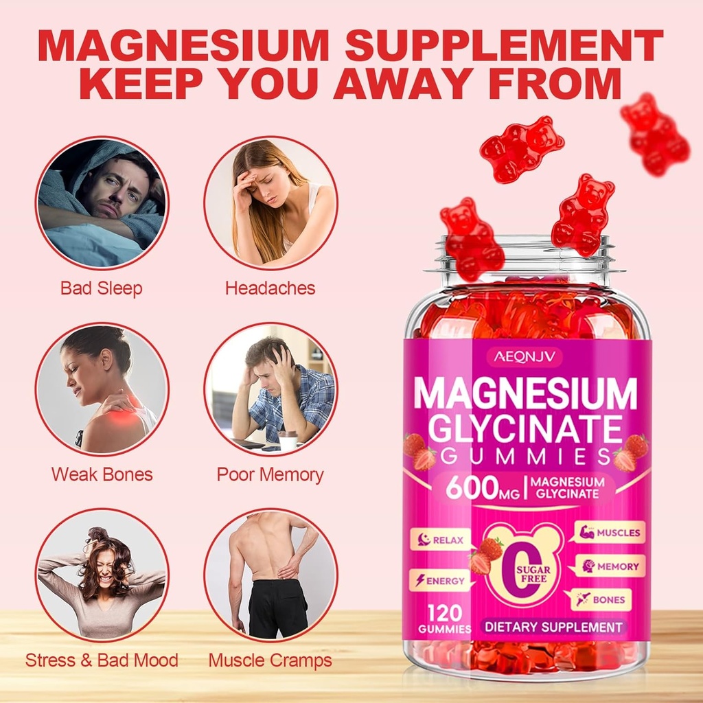 Magnesium Glycinate Gummies 600mg, Chewable Sugar Free Potassium Magnesium Gummies with Magnesium Glycinate, Vitamin D, B6 and CoQ10 for Sleep, Relaxation, Brain and Muscle, 60 Days Supply 4