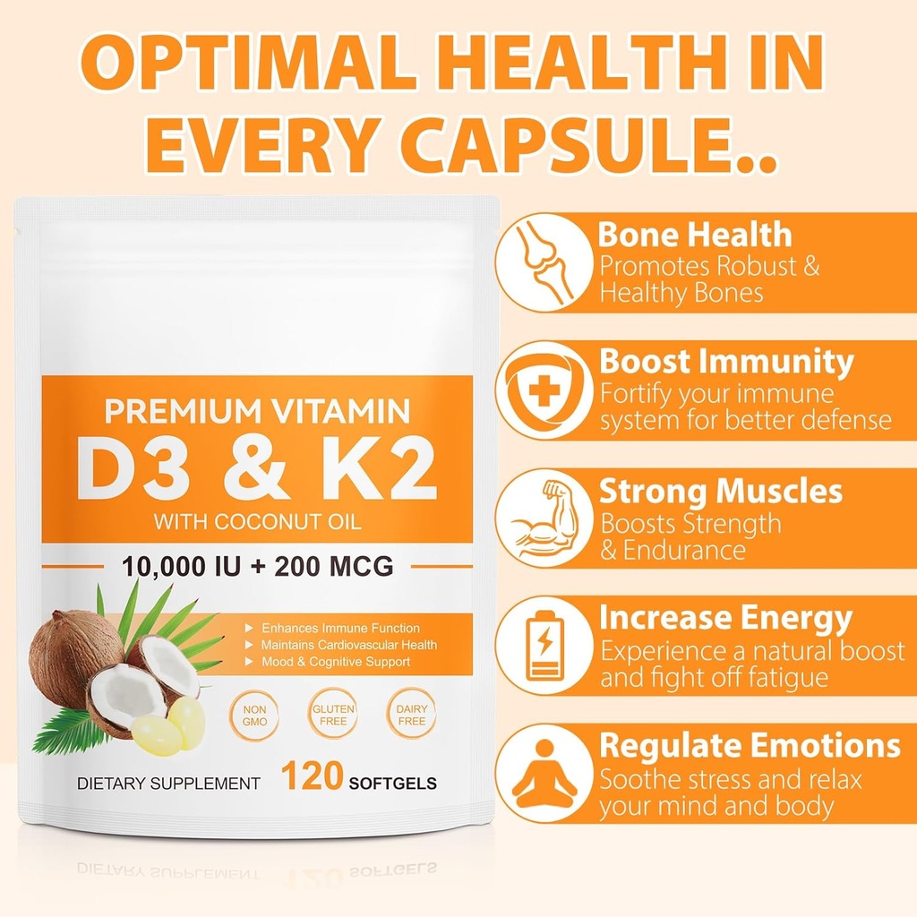 120 Softgels Vitamin D3 K2 10000IU 200MCG - Coconut Oil - Support Immune, Heart Health - Maintains Cardiovascular Health - Superior Absorption- Easy to Swallow 3