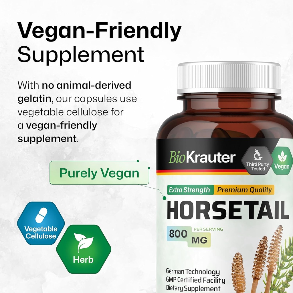 BIO KRAUTER Horsetail Herb Capsules - 800 mg Strength - 100 Count - Horsetail Powder Capsules - Hair Support 6