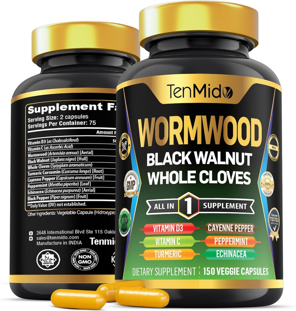 Wormwood Capsules Supplement for Men and Women, 10in1 Formula with Black Walnut, Whole Cloves, Turmeric, Cayenne Pepper & More - Digestive, Immune Support - Nutrient Rich - 150 Capsules 2