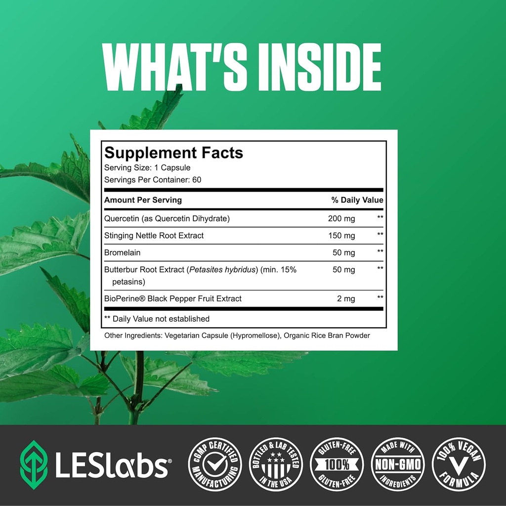 LES Labs Sinus & Seasonal – Sinus Relief, Nasal Health, Balanced Histamine Response, Clear Lungs & Respiratory Health – Butterbur, Quercetin, Nettle Root & Bromelain – Non-GMO Supplement – 60 Capsules 5