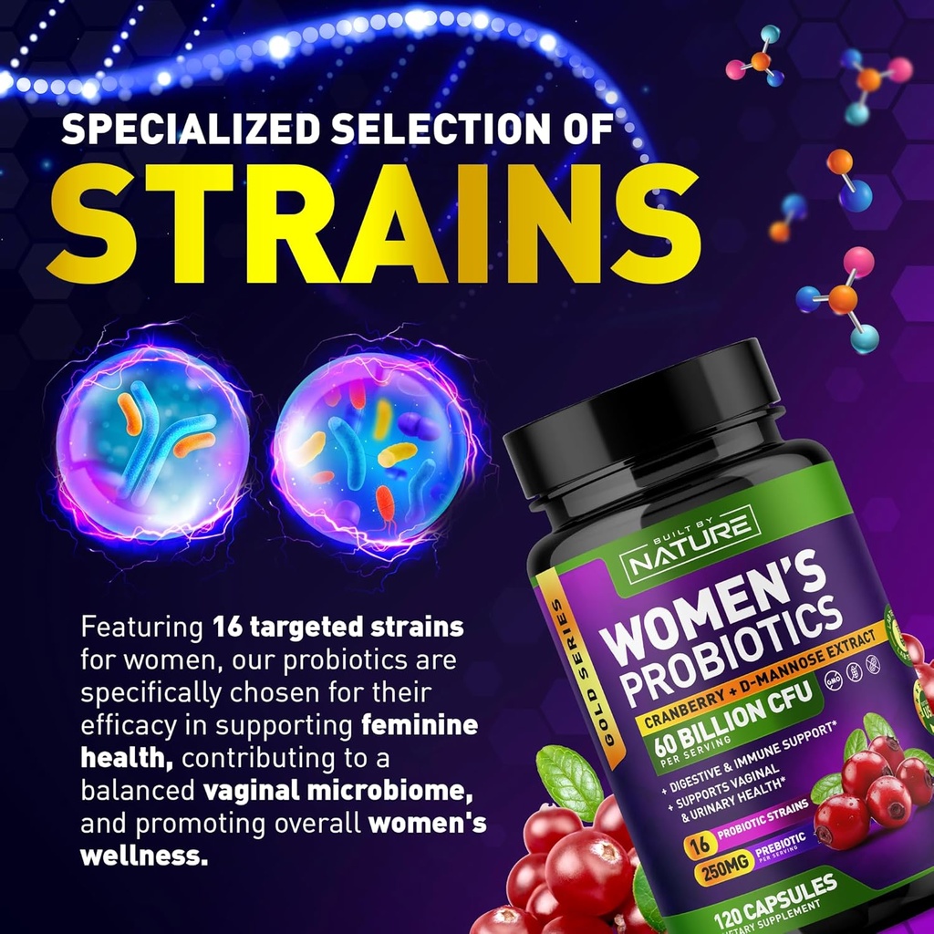 Probiotics for Women - 60 Billion CFUs, 16 Strains, with Cranberry, D-Mannose & Prebiotics - Supports Digestive, Immune, & Vaginal Health - Non-GMO, Dairy & Gluten-Free - 120 Veggie Capsules 5