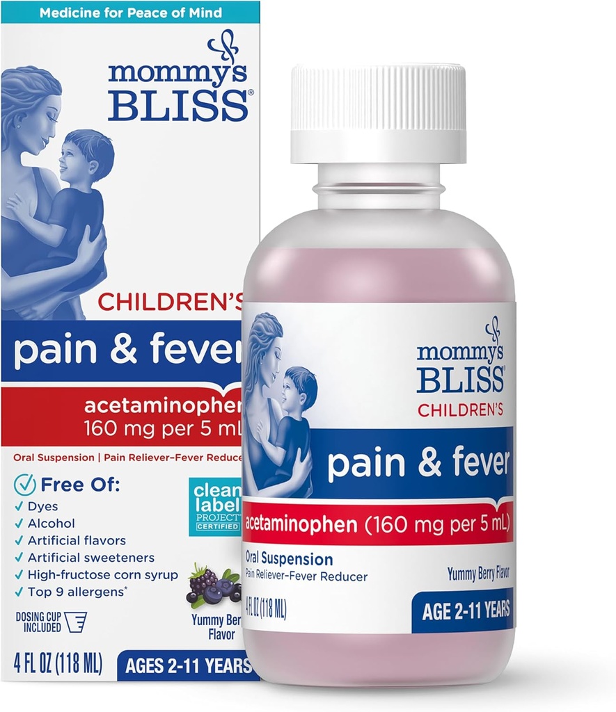 Mommy's Bliss Children's Pain and Fever Reducer, Kids Acetaminophen, Dye Free, Delicious Mixed Berry Flavor, Ages 2+, 4 Fluid Ounces 2