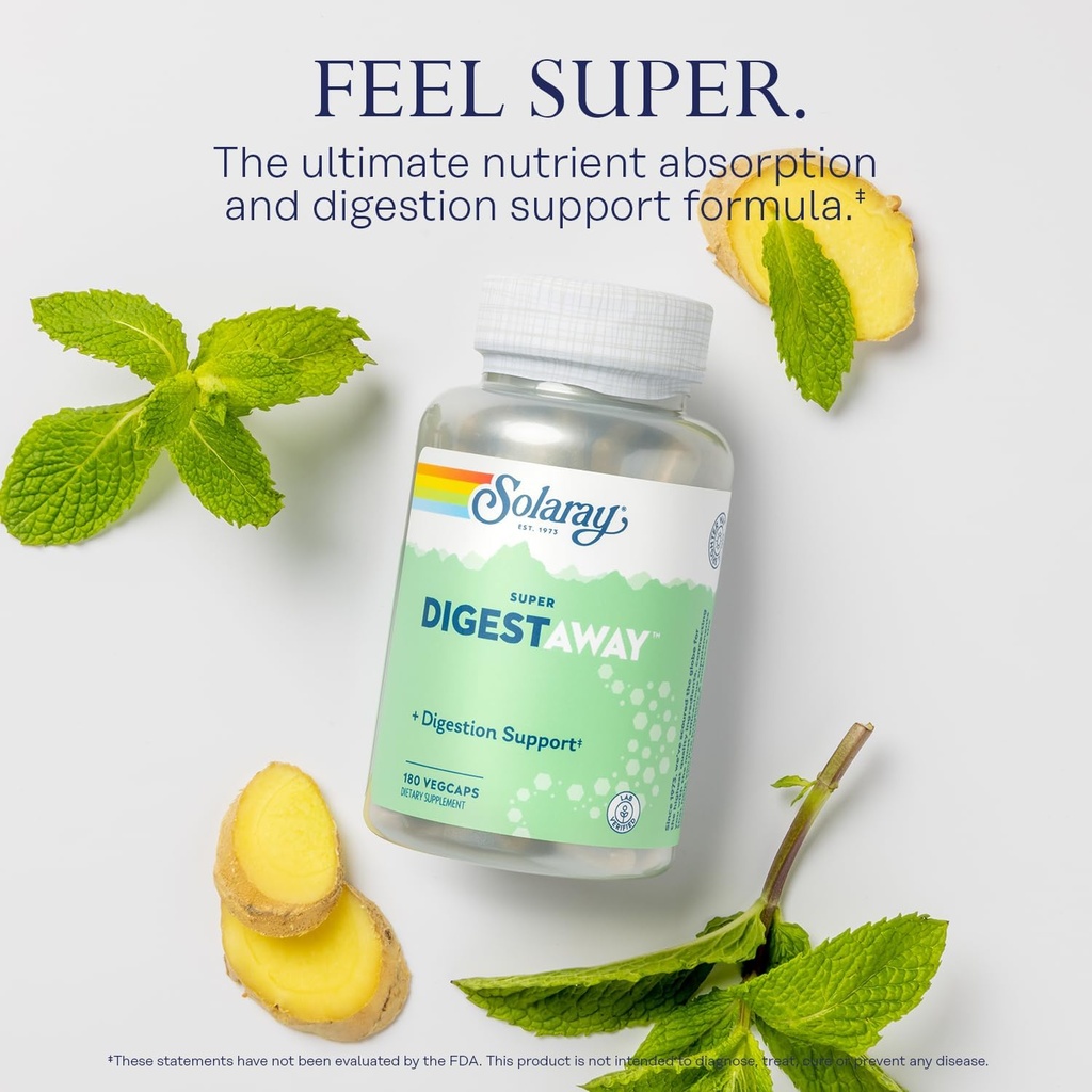 SOLARAY Super Digestaway Digestive Enzymes - Pancreatin, Papain, Ginger, Pepsin, Betaine HCl, Aloe Vera, and More - Digestion & Nutrient Absorption Support - Lab Verified - 180 VegCaps 4