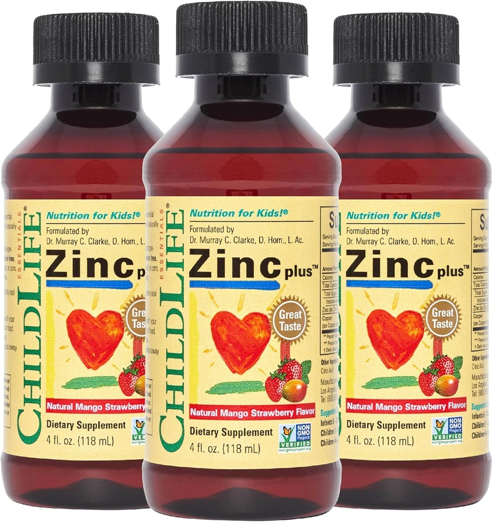 CHILDLIFE ESSENTIALS Liquid Zinc Plus for Kids & Toddler - Liquid Supplement Drops, Zinc Gluconate & Copper for Immune Support - Mango Strawberry, 4 Fl Oz (Pack of 3) 2