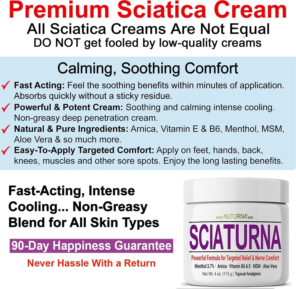 Sciatica Nerve Cream - Maximum Strength Comfort Cream for Feet, Hands, Legs, Toes, Back - Natural Ultra Strength Arnica, MSM, Menthol, Soothing Comfort, Large 4 Oz 4