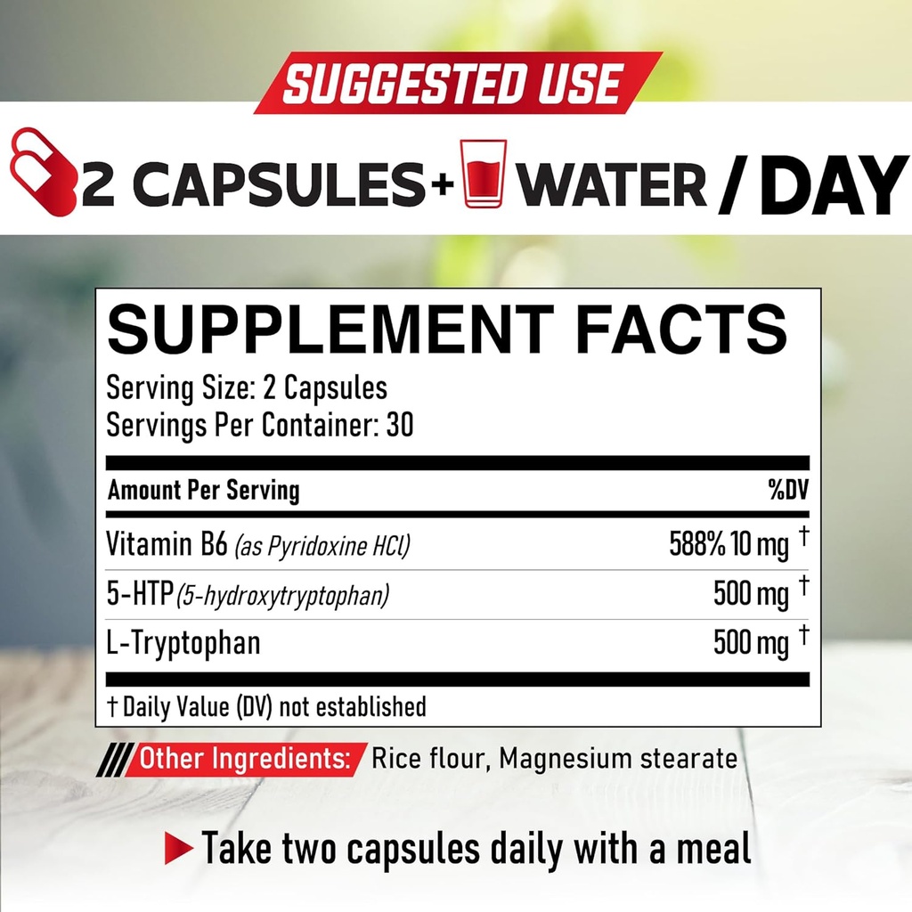5 HTP Supplement 1010mg - 60 Capsules - 3in1 Combined with Vitamin B6, L-Tryptophan - Comfortable Mood, Brain Health, Body Management & Immune System Support 3