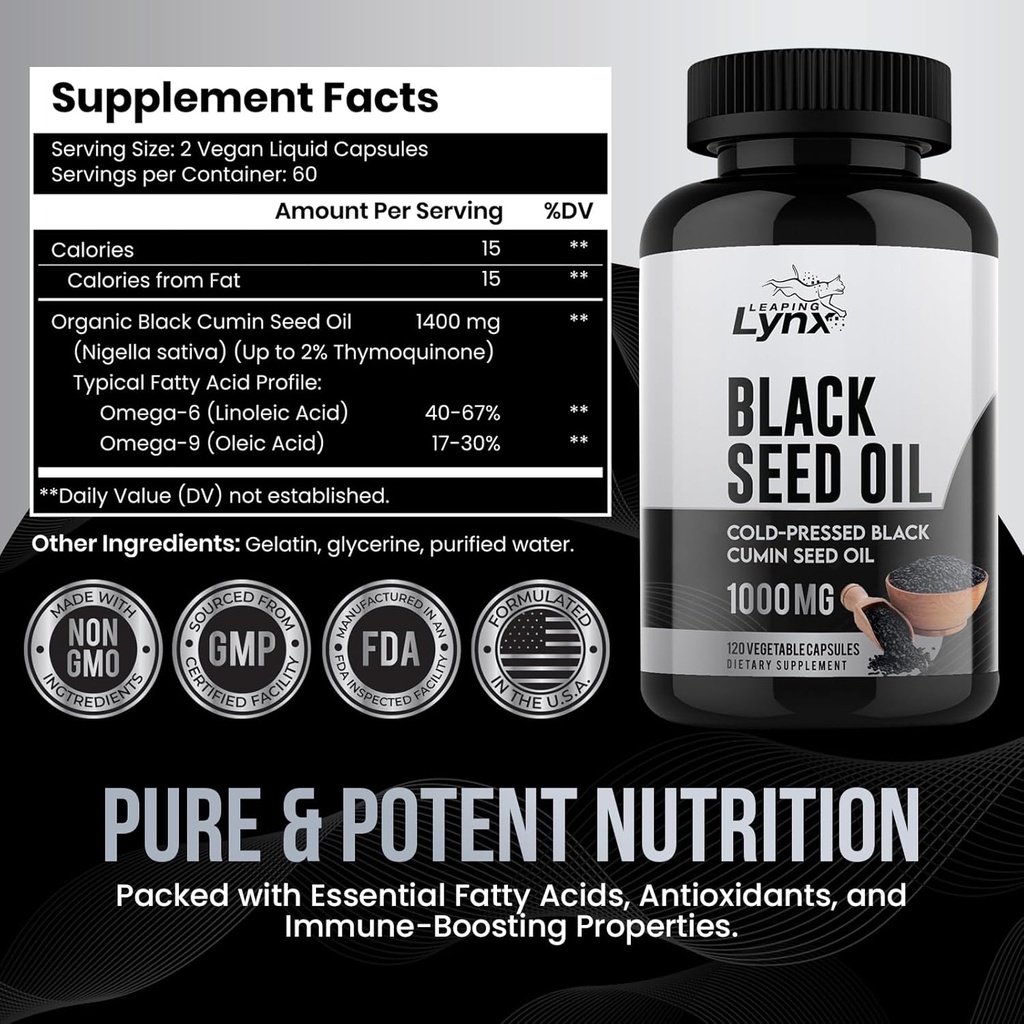 Pure Organic Cold-Pressed Black Seed Oil Capsules - Vegan Non-GMO Pure Nigella Sativa Black Cumin Seed Oil for Beauty Immunity & Overall Wellness Support - Thymoquinone-Rich 1000mg Serving (60 Day) 5
