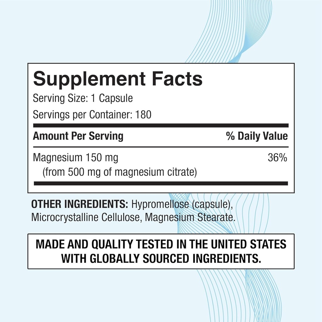 Magnesium Citrate 500 mg | High Potency Elemental Magnesium | Total 180 Veggie Caps, Superior Absorption, Non-GMO, NO Gluten and Dairy, Supports Muscle, Joint, and Heart Health 3