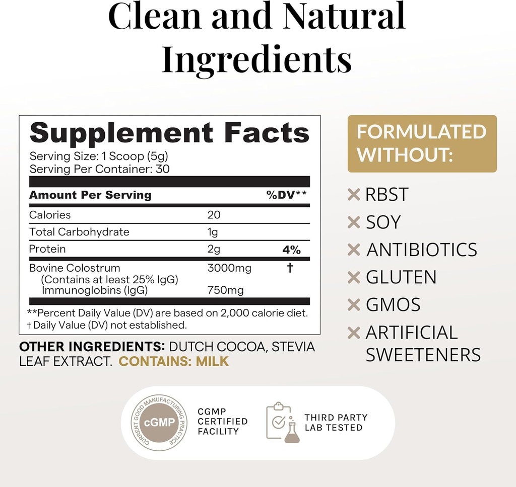 Colostrum Powder (Chocolate) Grass Fed Colostrum Supplement for Gut Health, Immune Support Healthy Hair, Skin & Nails - 30 Servings 3