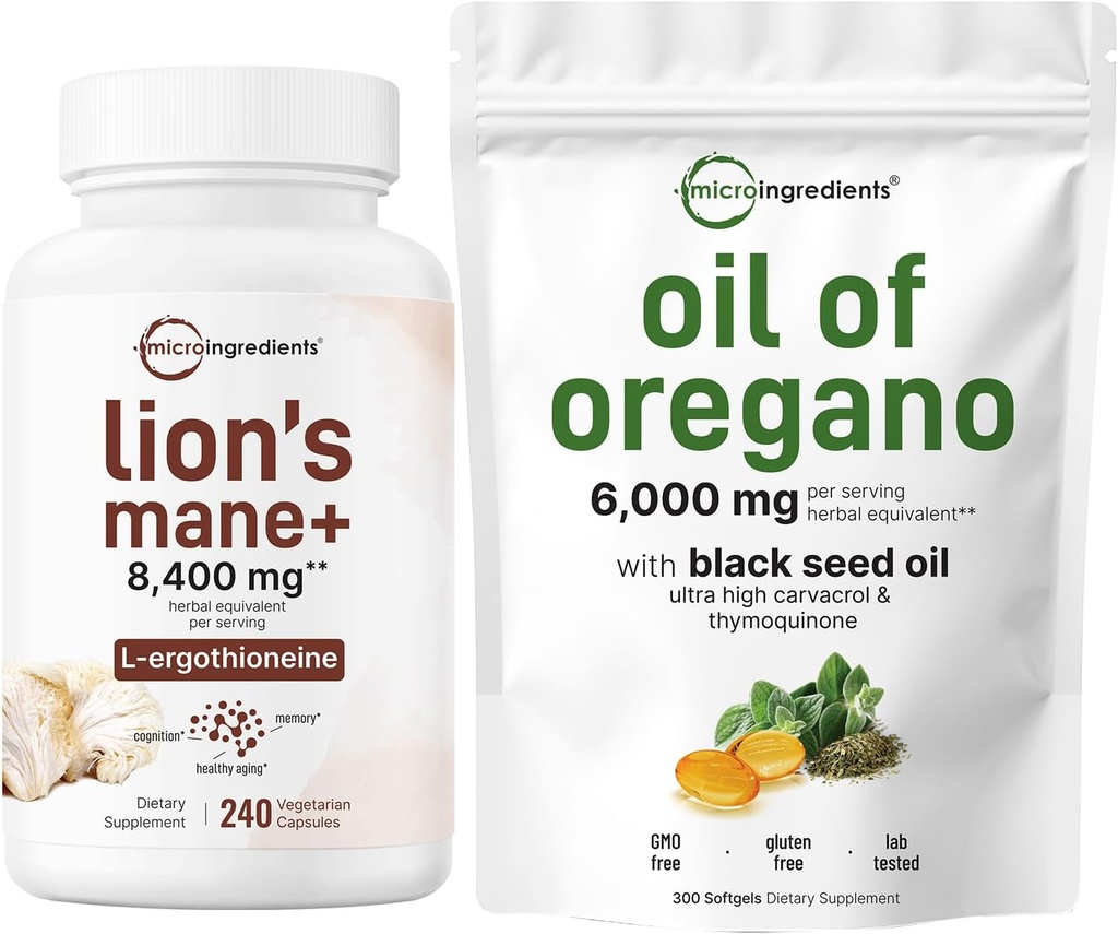 Micro Ingredients Oil of Oregano Softgels 300 Count & Lions Mane Supplement 240 Veggie Capsules Bundle 2 Pack | Carvacrol & Thymoquinone | Superfood Mushroom Antioxidants with L-Ergothioneine 2