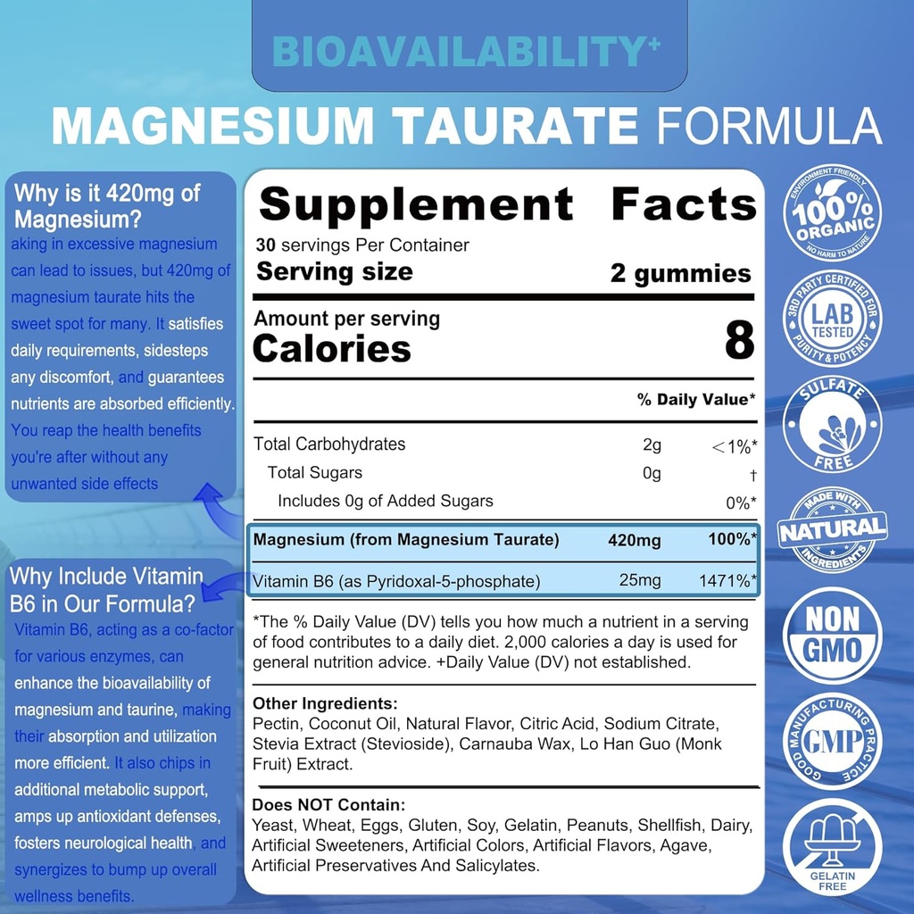 Magnesium Taurate 420mg + Vitamin B6 for Enhanced Absorption, Supporting Hēalthy Hēart, Zzzs, Relaxation, Nerve & Muscle Health – Vegan, Non-GMO, Gluten-Free, Sugar-Free, 2-Pack 3