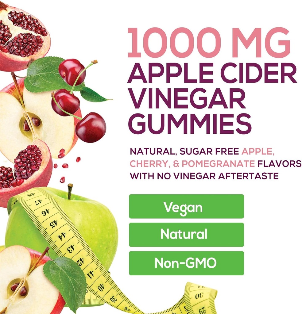 Vegan Apple Cider Vinegar Gummy 1000mg - Sugar Free ACV Gummies Vitamins Supplement with Vitamin B12 for Energy - Keto Friendly Digestion, Detox, Cleanse Support - Gelatin-Free, Non-GMO - 120 Gummies 4