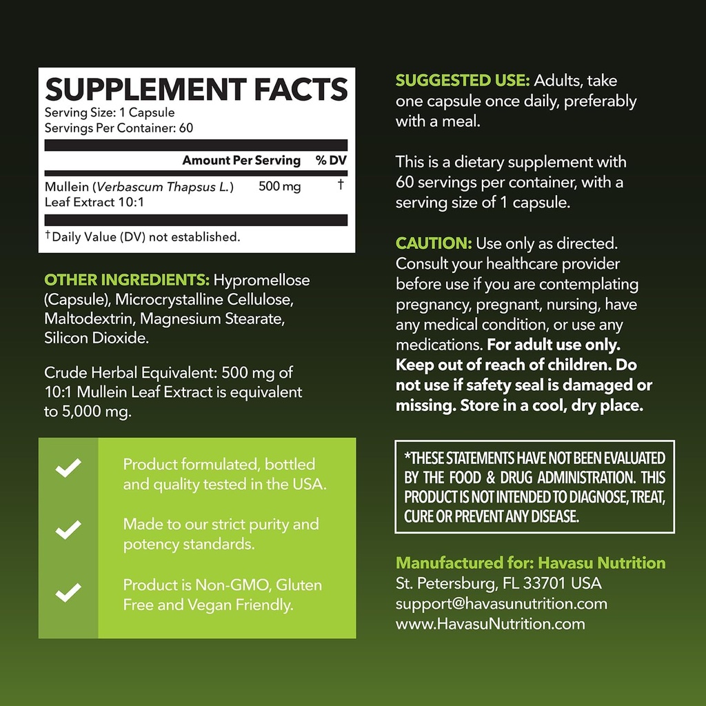 Mullein Leaf Capsules for Respiratory Health - 5000mg Extract 10:1 for Lung Support and Immune Function - 60 Count - Vegan, Non-GMO Capsules - Herbal Supplement for Daily Wellness - 2 Month Supply 3