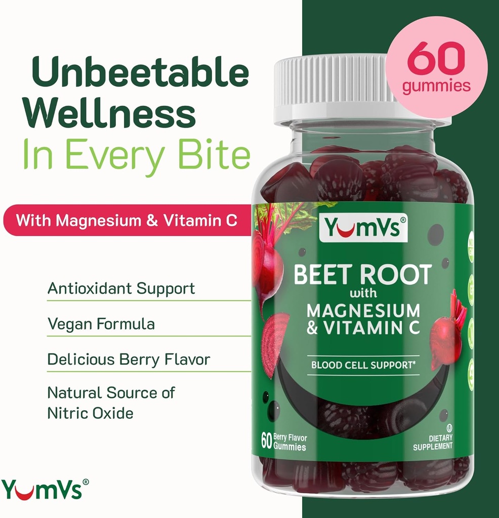 YumVs Beet Root Gummies with Magnesium and Vitamin C - Berry Flavor Beetroot Gummies - Beet Chews for Blood Circulation and Antioxidant Support - Red Beet Gummy- Berry 60 Count (Pack of 1) 3