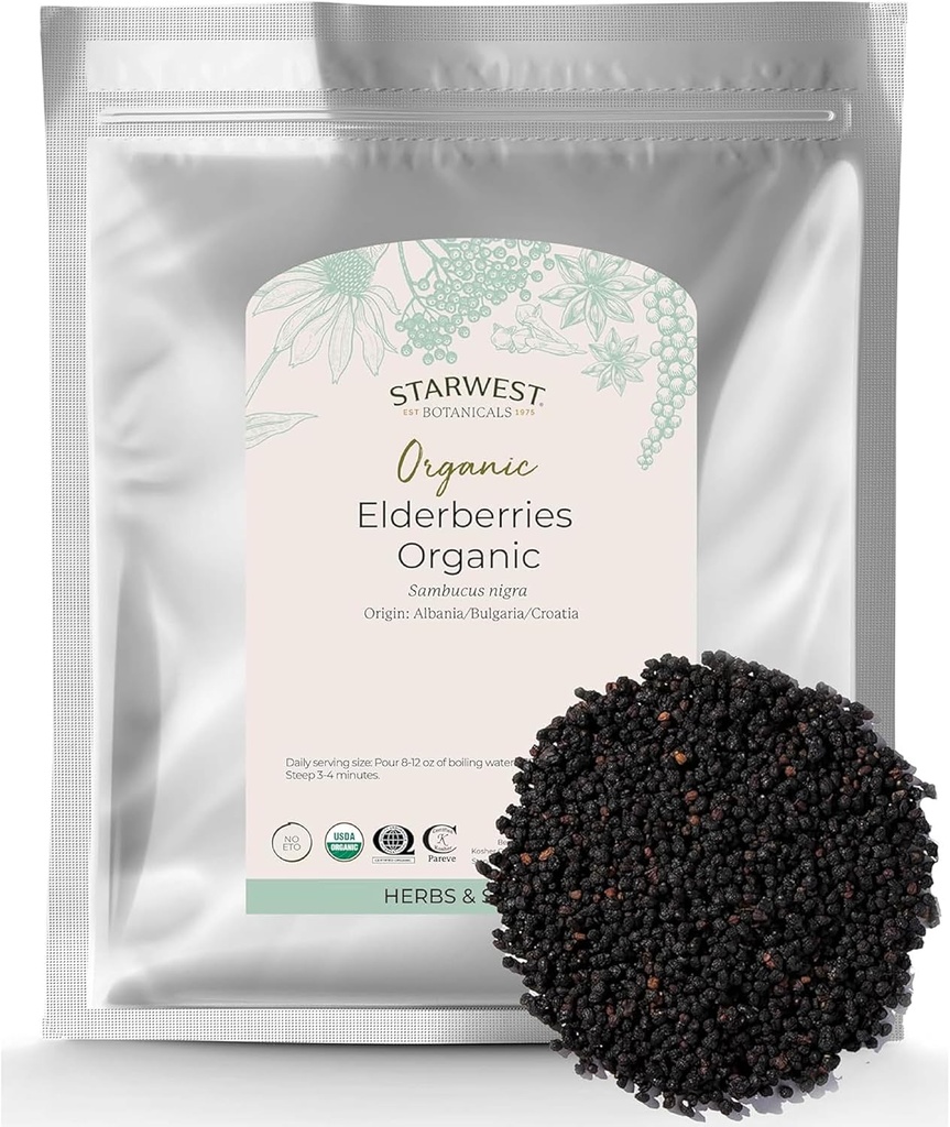 Starwest Botanicals Organic Elderberries - Dried Elderberries for Syrup, Tea, Gummies, & Jam, Natural Immune Support, Certified Kosher, Non-GMO - Bulk 1 lb Bag 2