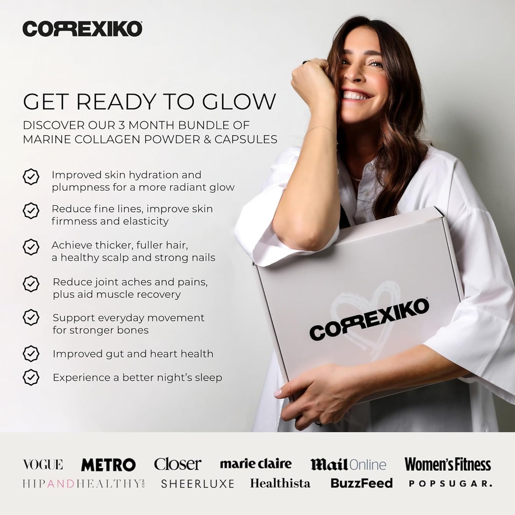 CORREXIKO Marine Collagen Supplement Pills & Powder Bundle 3 Month Supply - Includes 10,000mg Double Hydrolyzed Collagen Powder 1kg & 1800mg Collagen Peptides 360 Capsules - for Hair, Skin & Nails 3