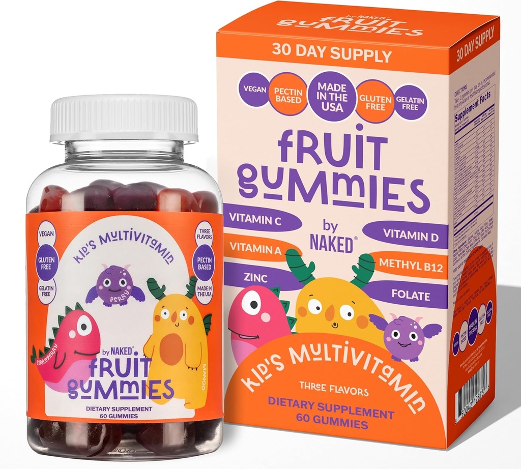 Naked Nutrition Kids Vitamin Gummies, Made in USA, GMO Free, Gluten-Free, Gelatin Free, Vegan, Kids Vitamins A, C, D, E, B6, B12, Zinc, 3 Fruit Flavors, 30 Day Supply 2