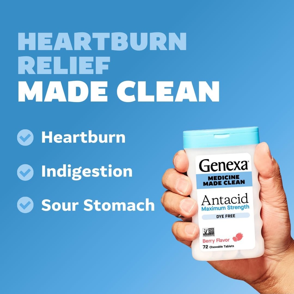 Genexa 3 Pack Clean Antacid Chewable Tablets | Maximum Strength Calcium Carbonate for Heartburn, Acid Indigestion & Upset Stomach Relief | Dye Free, 0% Artificial Additives | Berry Flavor, 216ct 5