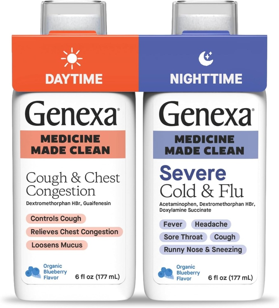Genexa Daytime Cough & Congestion + Nighttime Severe Cold & Flu Combo Pack, Dye Free, 0% Artificial Additives, Liquid Multi-Symptom Cough, Cold, & Flu, Organic Blueberry Flavor, 12 fl oz (2 Pack) 2