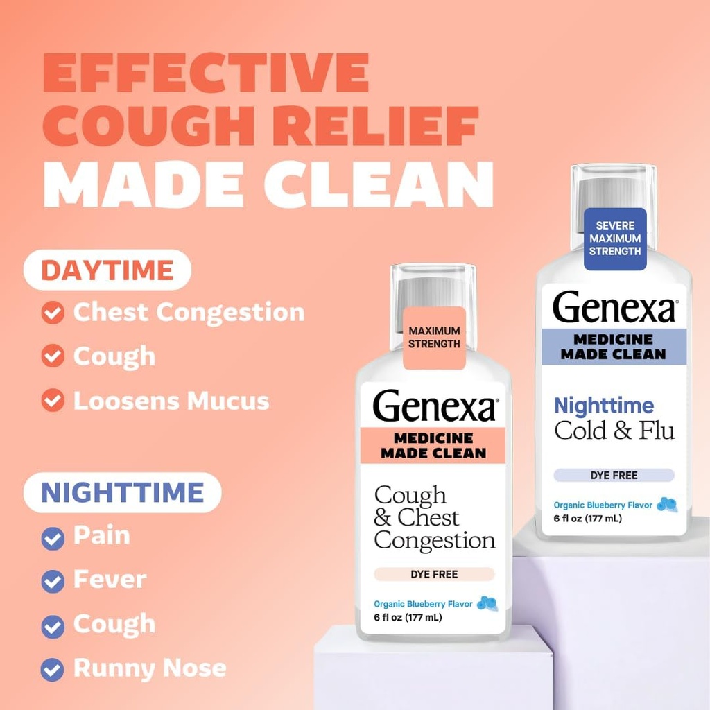 Genexa Daytime Cough & Congestion + Nighttime Severe Cold & Flu Combo Pack, Dye Free, 0% Artificial Additives, Liquid Multi-Symptom Cough, Cold, & Flu, Organic Blueberry Flavor, 12 fl oz (2 Pack) 5