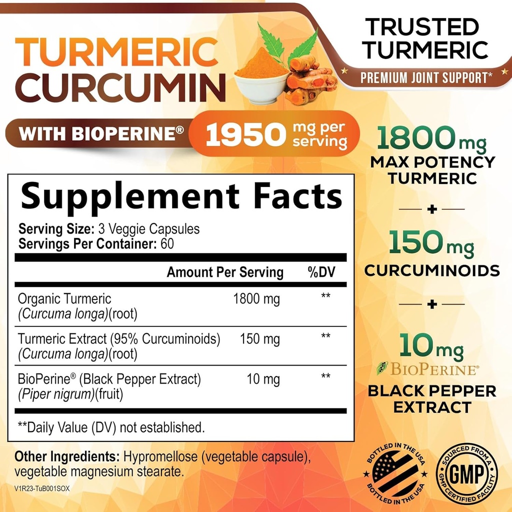 Turmeric Curcumin Supplement 1950mg - 95% Curcuminoids with Organic Turmeric & BioPerine Black Pepper Extract for Best Absorption, Nature's Vegan Joint Support, Non-GMO, Bottled in USA - 180 Capsules 3