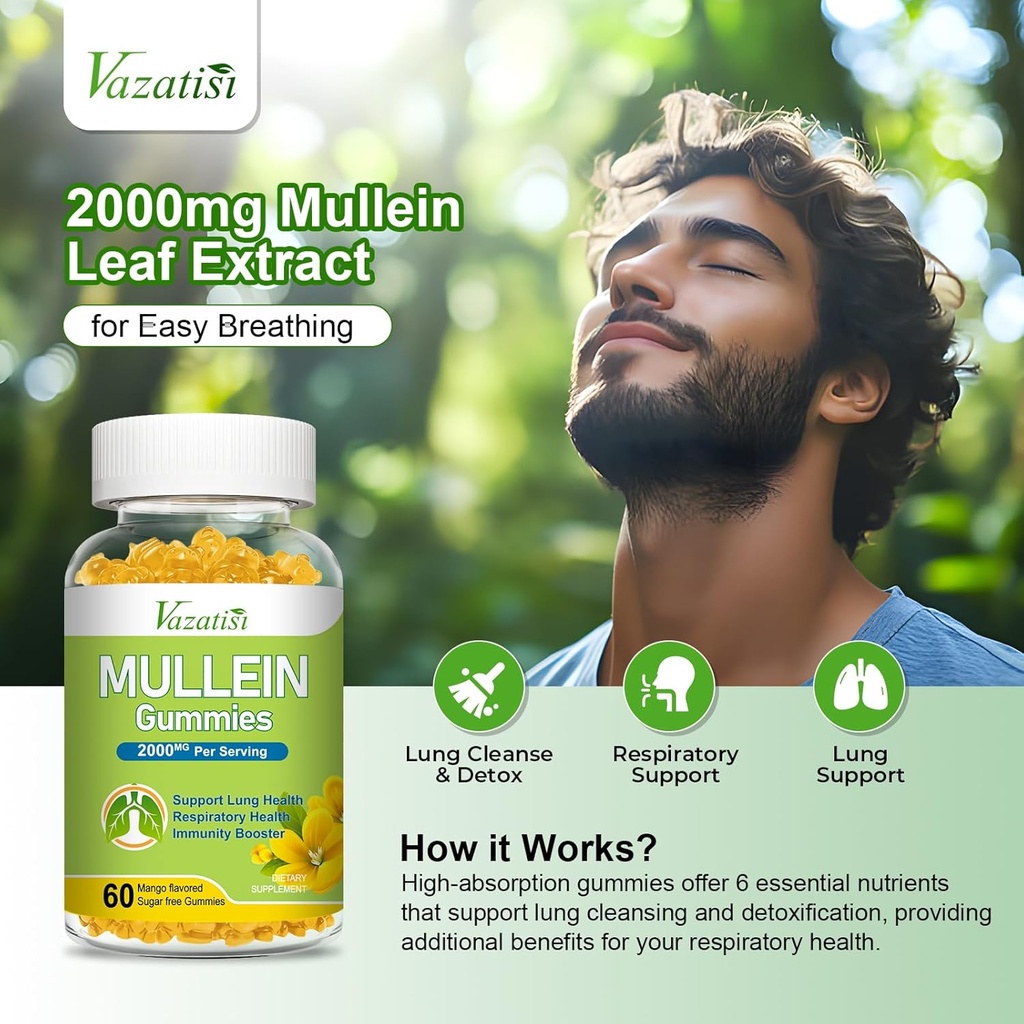Mullein Gummies, Mullein Leaf Extract with Bromelain, Quercetin, Pine Bark Support Lung Cleanse for Healthy Breathing, 60ct 4