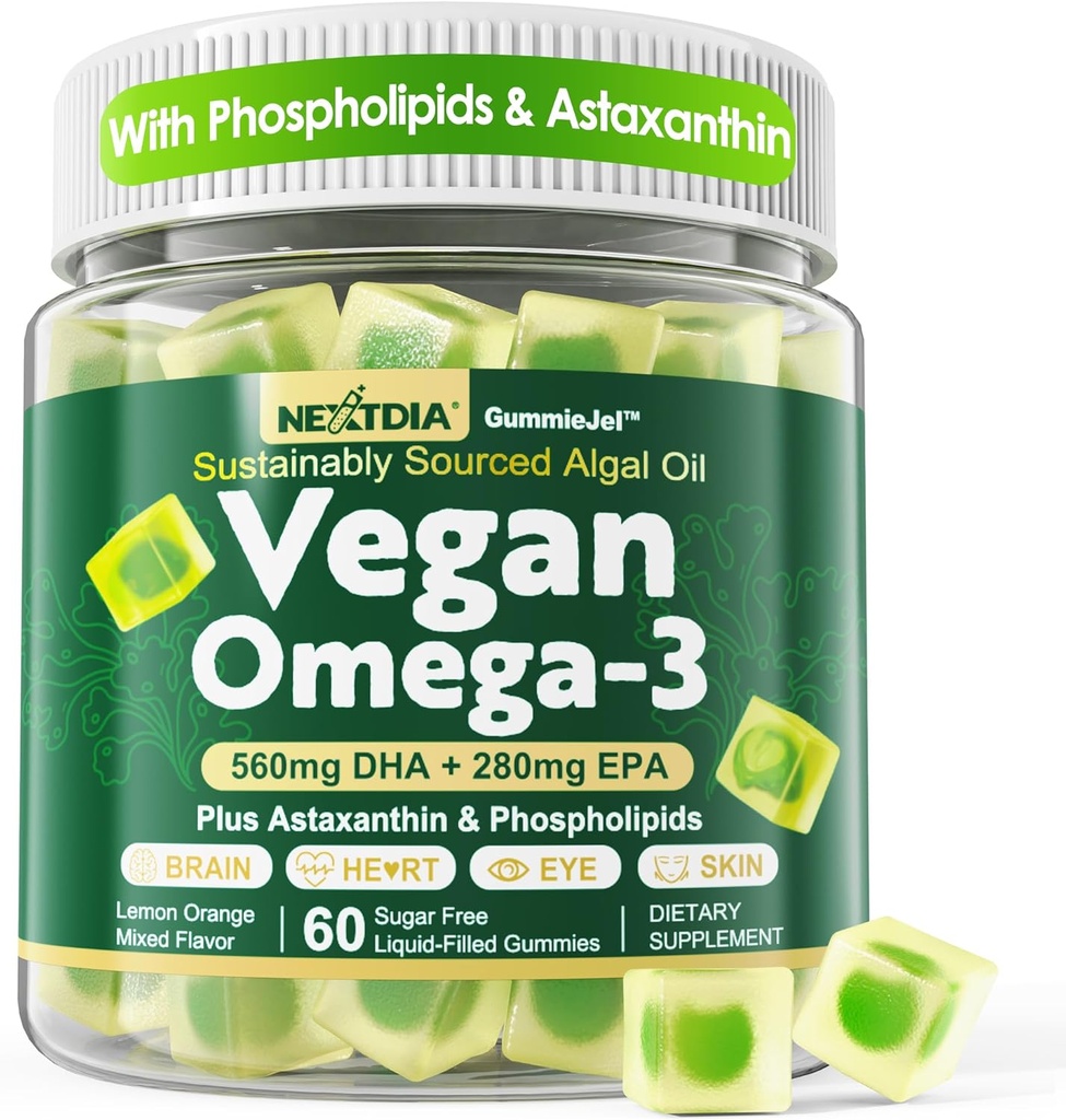 Vegan Omega 3 Gummies + Phospholipids, Astaxanthin, Vitamin D3, DHA 560mg & EPA 280mg, Fish-Free Algae Omega 3 Supplement for Adults & Kids for Brain, Eye, Skin and Overall Health, Sugar Free, 60 Cts 2