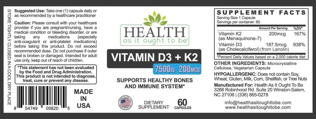 Health As It Ought To Be Vitamin D3+K2 Supplement | Supports Healthy Bones and Immune Health | 60 Capsules 3