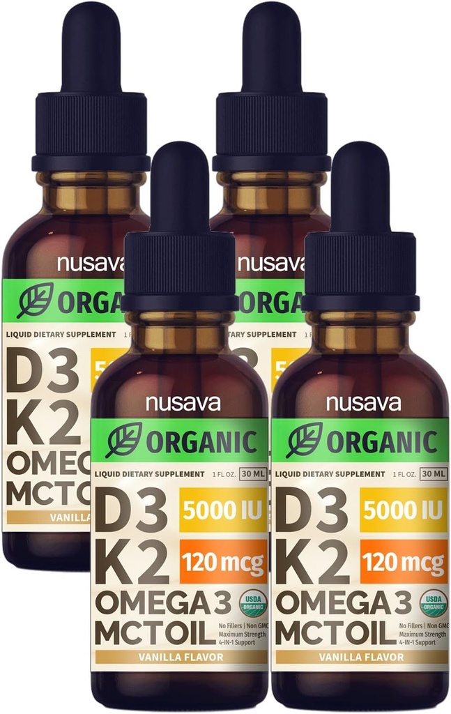 (4 Pack) Organic Vitamin D3 K2 Drops with MCT Oil Omega 3, 5000 IU, Maximum Strength Vitamin D Liquid - No Fillers, Non-GMO Liquid D3 for Faster Absorption & Immune Support (Vanilla, 4 Fl Oz) 2