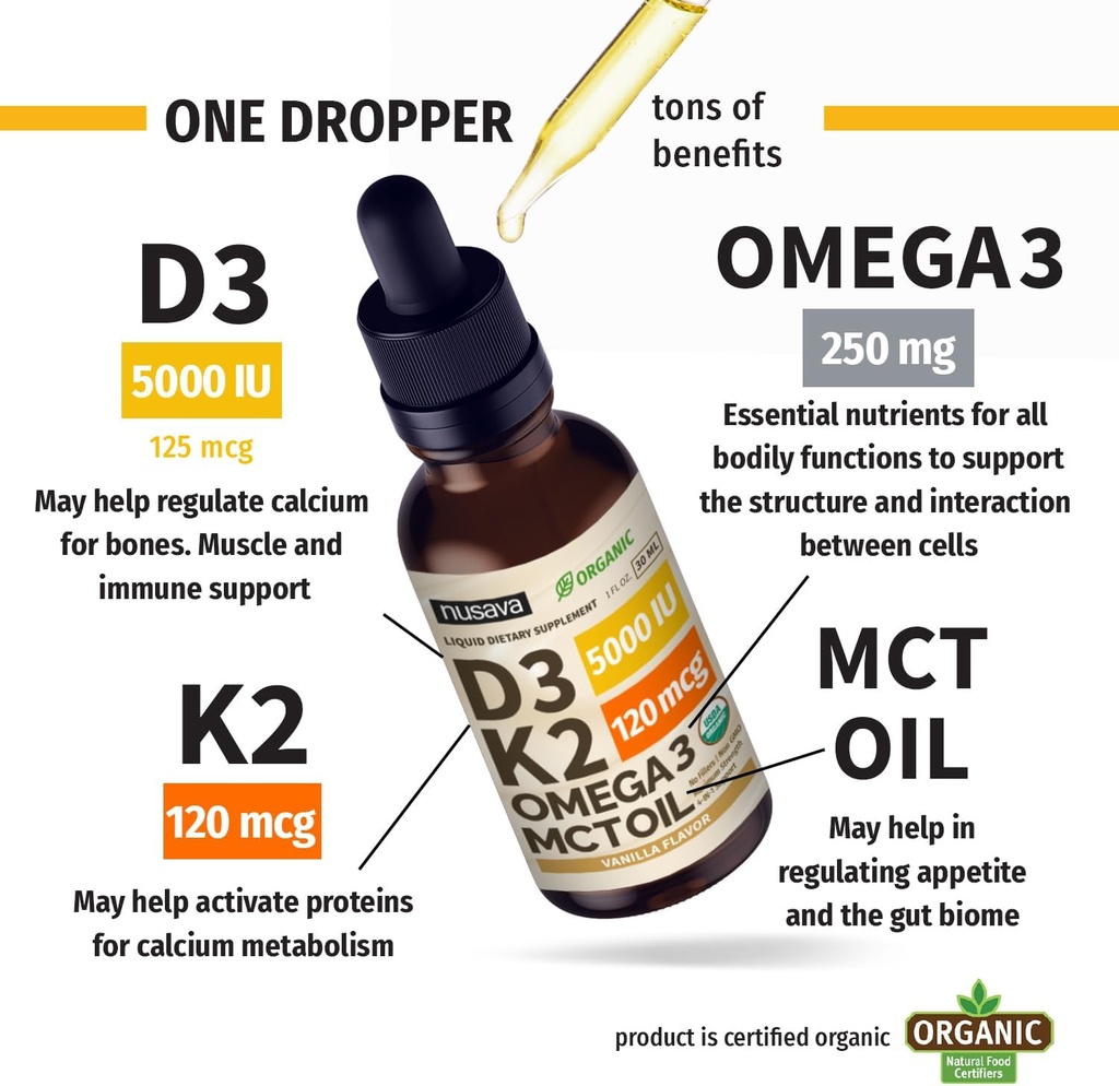 (4 Pack) Organic Vitamin D3 K2 Drops with MCT Oil Omega 3, 5000 IU, Maximum Strength Vitamin D Liquid - No Fillers, Non-GMO Liquid D3 for Faster Absorption & Immune Support (Vanilla, 4 Fl Oz) 4