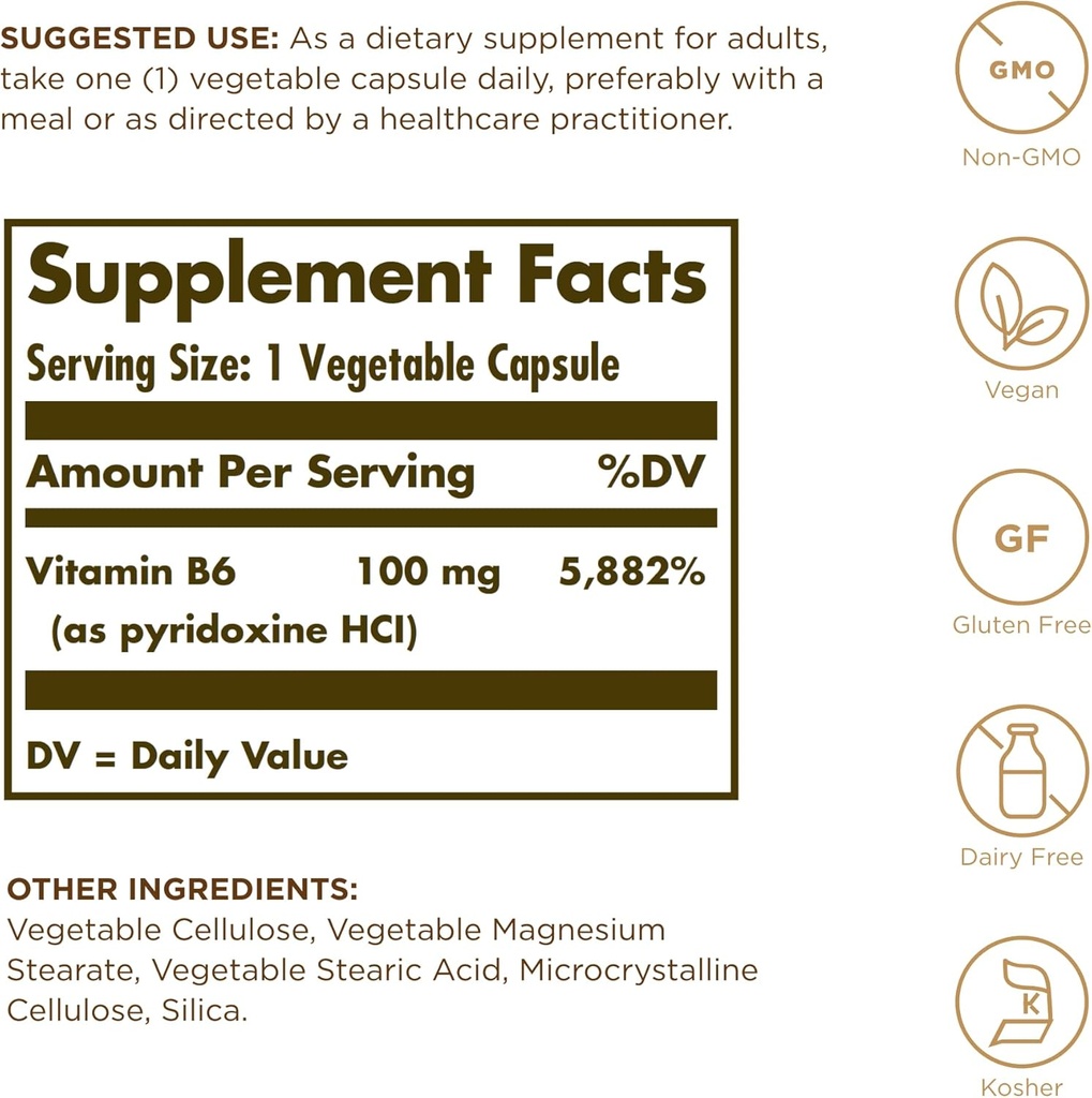 Solgar Vitamin B6 100 mg - 100 Vegetable Capsules - Non-GMO, Vegan, Gluten Free, Dairy Free, Kosher, Halal - 100 Servings 3