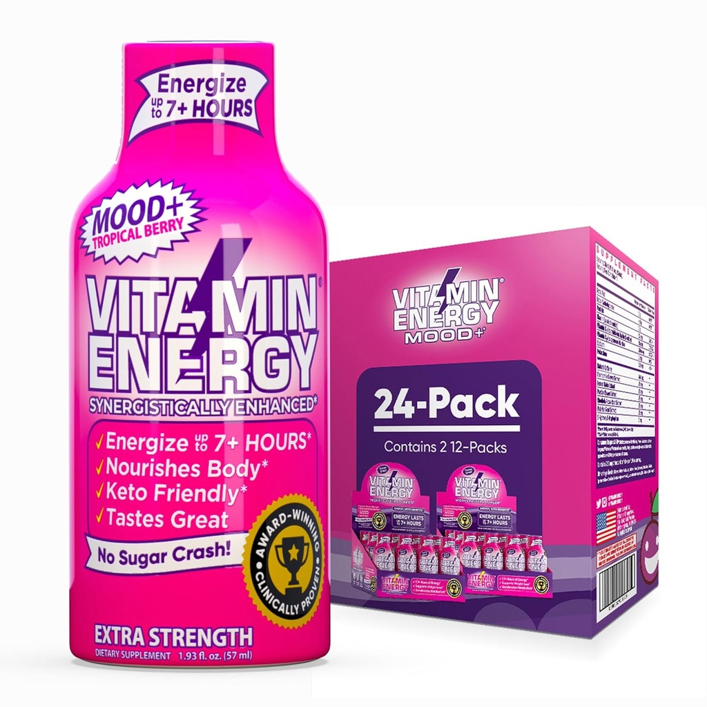 Vitamin Energy Mood+ Extra Strength Energy Shot Tropical Berry 24 Pack, 260mg Natural Caffeine, B-Vitamins, Rhodiola, Chamomile, Mood & Energy Support, Zero Sugar, Gluten-Free, Vegan, 1.93 fl oz 2