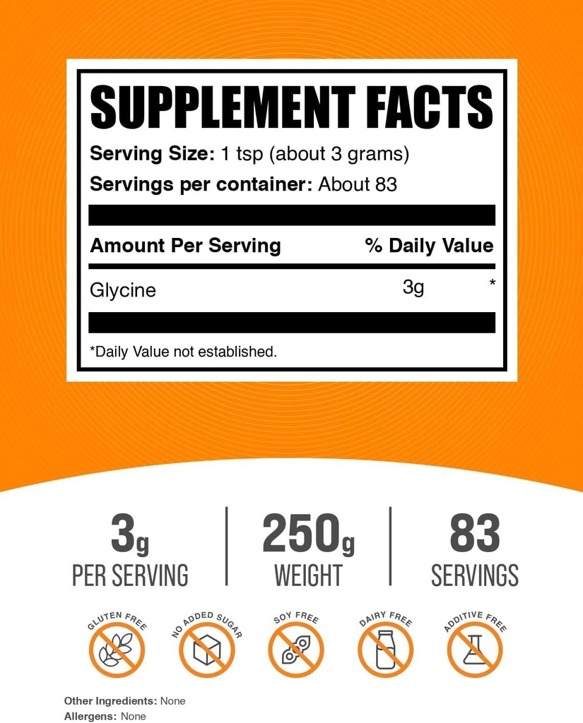 BulkSupplements.com Glycine Powder - Glycine Supplements, Amino Acid Supplement - Unflavored & Gluten Free, 3g per Serving, 250g (8.8 oz) (Pack of 1) 3