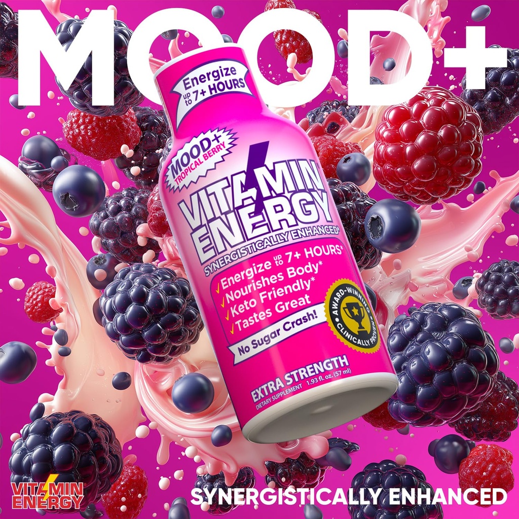 Vitamin Energy Mood+ Extra Strength Energy Shot Tropical Berry 24 Pack, 260mg Natural Caffeine, B-Vitamins, Rhodiola, Chamomile, Mood & Energy Support, Zero Sugar, Gluten-Free, Vegan, 1.93 fl oz 5