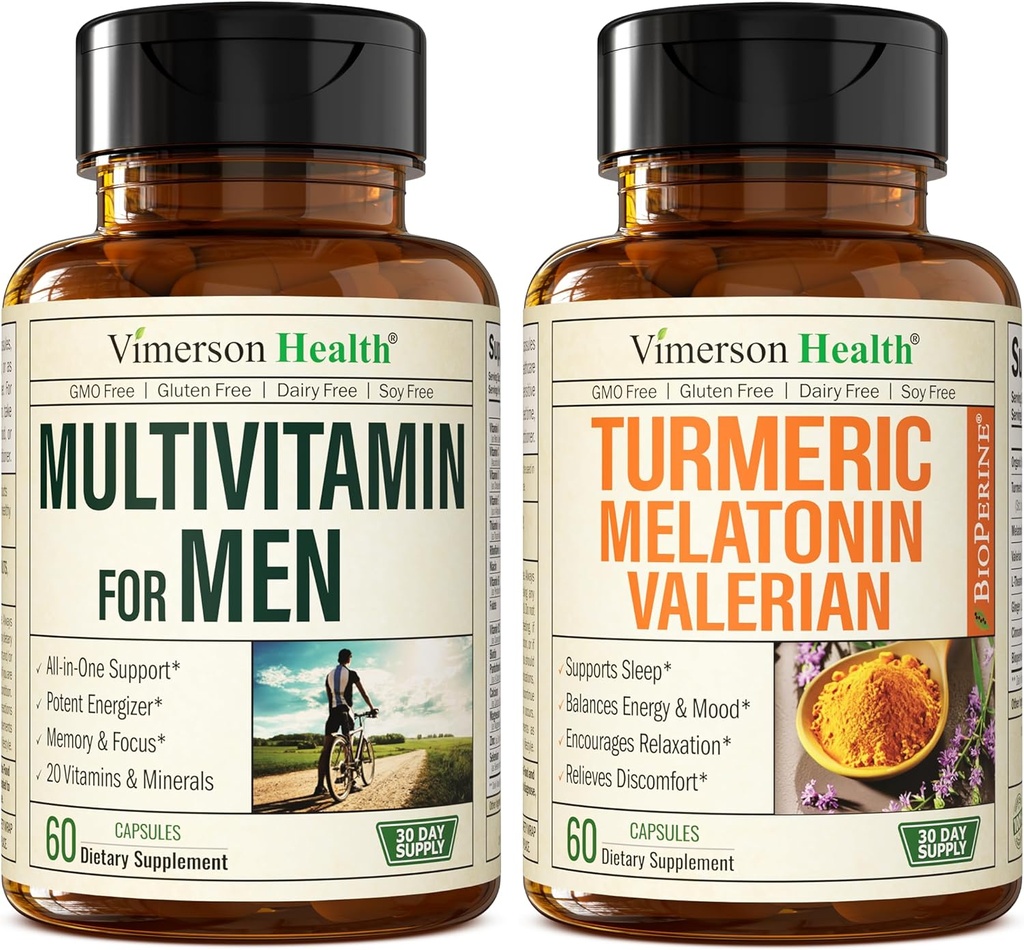 Mens Multivitamins + Turmeric Melatonin Valerian Bundle for Joint Support and Discomfort Relief, Immune Health & Inflammatory Response 2