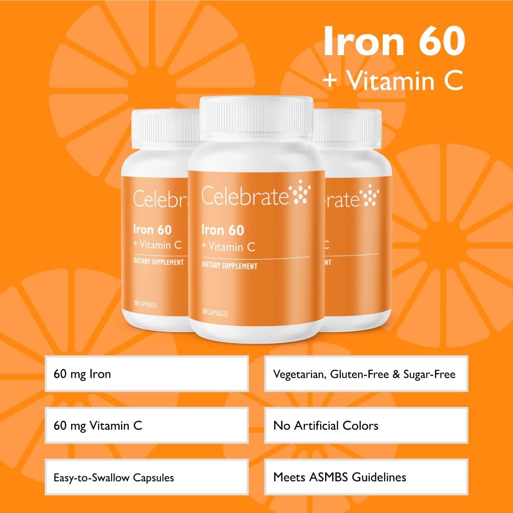 Celebrate Vitamins Iron Supplement with Vitamin C - 60mg Iron, 60mg Vitamin C, Bariatric Vitamins for WLS Patients, Vertical Sleeve & Gastric Bypass Surgery (90 Capsules) 3