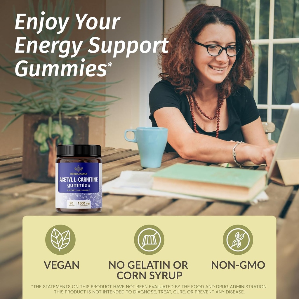 HERBAMAMA ALCAR Acetyl L-Carnitine 1500mg Gummies - L Carnitine Supplement for Energy, Focus & Brain Support - Vegan, Non-GMO - 90 Pectin-Based Blueberry-Flavored Chews 3