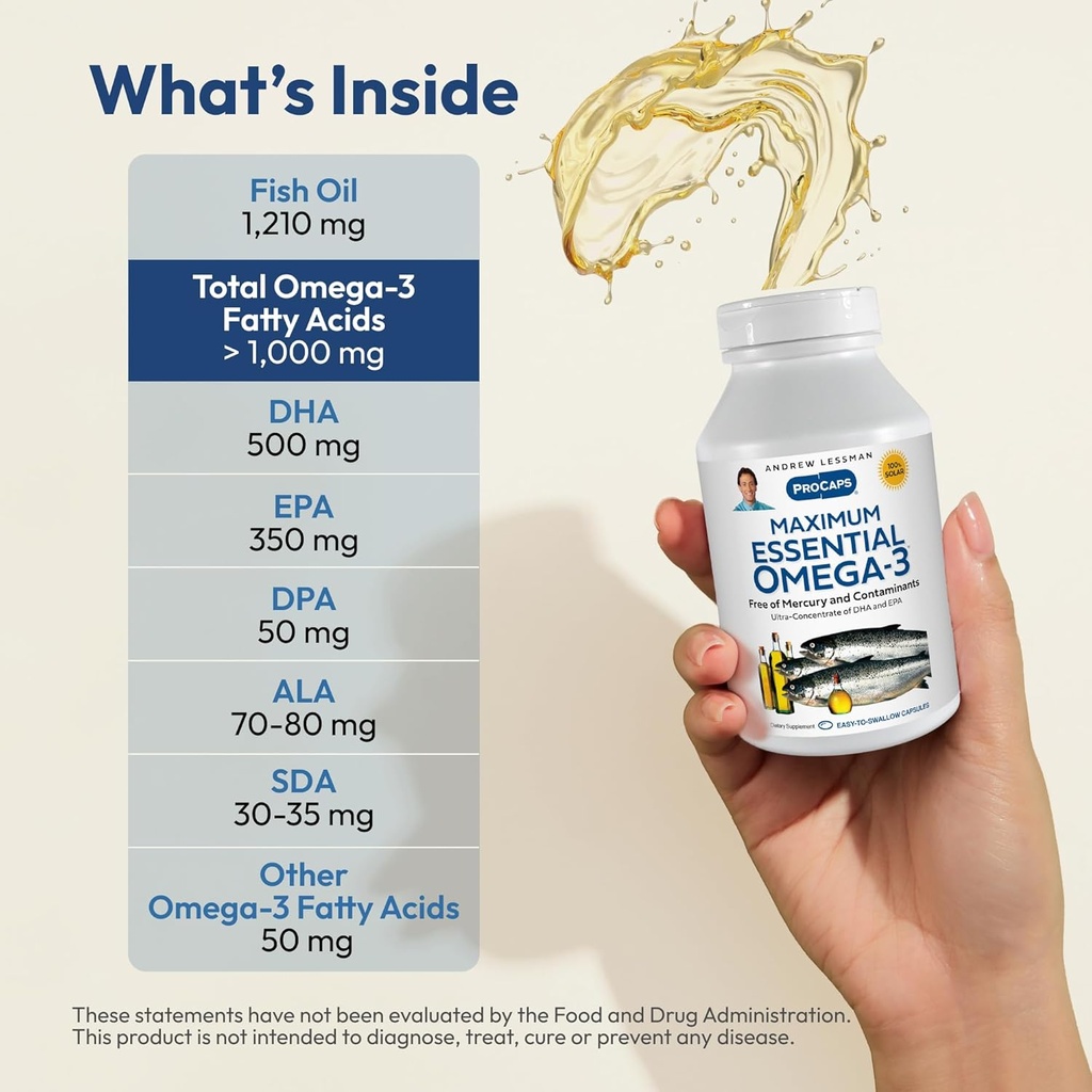 ANDREW LESSMAN Maximum Essential Omega-3 Unflavored, 180 Softgels - Ultra-Pure Omega-3 Fish Oil 1200 mg-High DHA, No Mercury Supplement-Small, Easy to Swallow Fish Oil Capsules 4