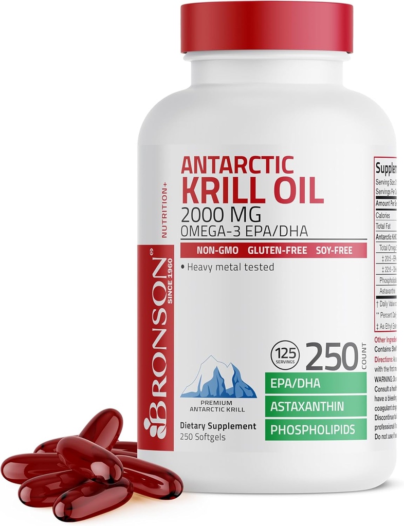 Bronson Antarctic Krill Oil 2000 mg with Omega-3s EPA, DHA, Astaxanthin and Phospholipids, 250 Softgels (125 Servings) 2